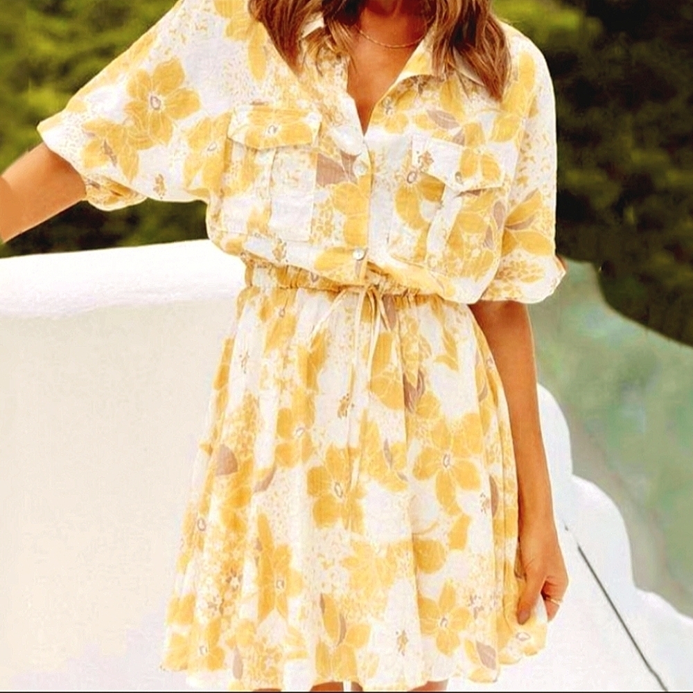 Petal & Pup Golden Yellow Floral Cotton Mini Shirt-dress Tie Waist Dolman Sleeve